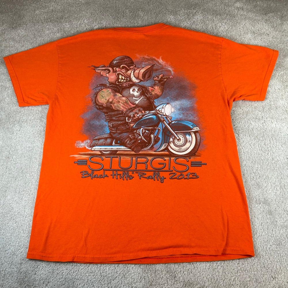 Vintage Y2K Sturgis Black Hills Rally T-Shirt Men Large Orange Biker Pig Graphic